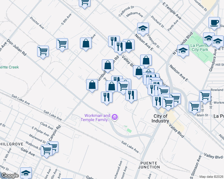 map of restaurants, bars, coffee shops, grocery stores, and more near 15268 Proctor Avenue in City of Industry