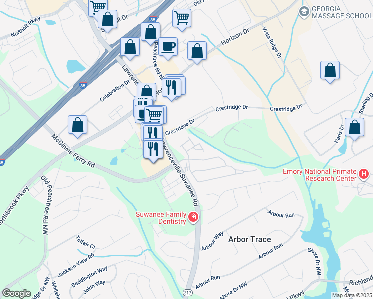 map of restaurants, bars, coffee shops, grocery stores, and more near 2827 Gower Way in Suwanee
