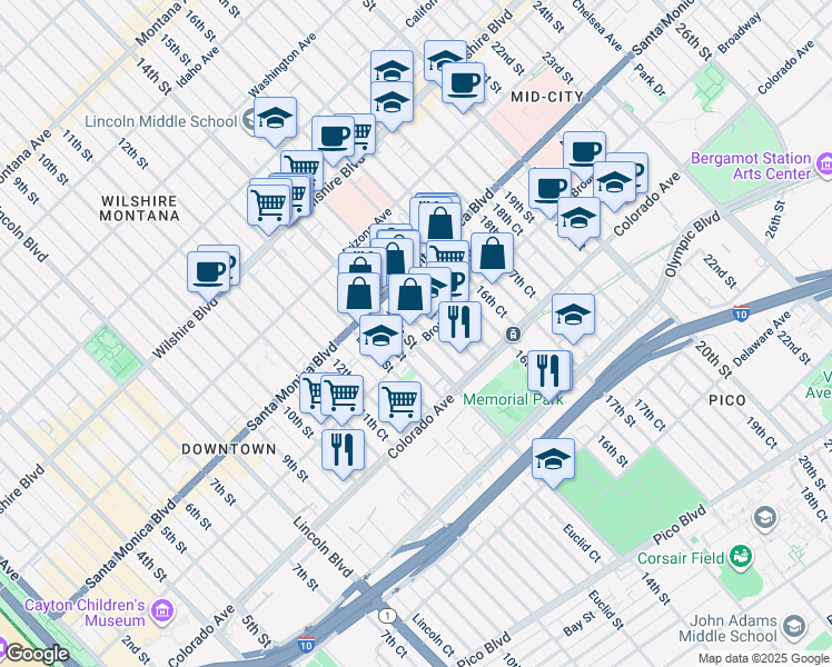 map of restaurants, bars, coffee shops, grocery stores, and more near 1412 Broadway in Santa Monica