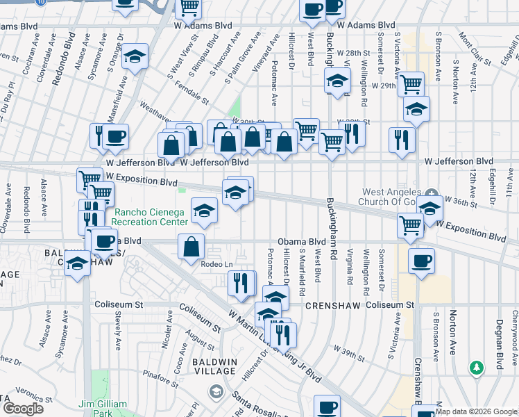map of restaurants, bars, coffee shops, grocery stores, and more near 3518 Chesapeake Avenue in Los Angeles