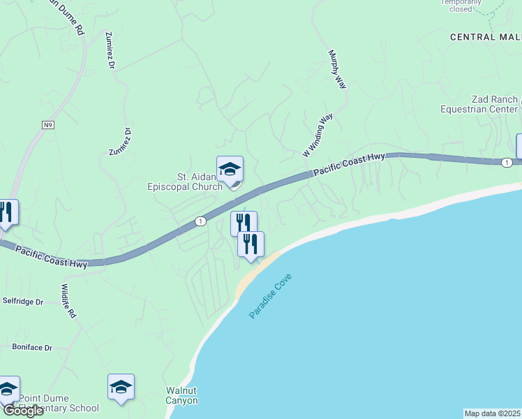 map of restaurants, bars, coffee shops, grocery stores, and more near 71 Paradise Cove Road in Malibu