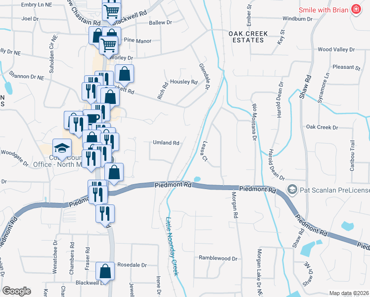 map of restaurants, bars, coffee shops, grocery stores, and more near 2954 Piedmont Drive in Marietta