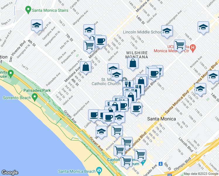 map of restaurants, bars, coffee shops, grocery stores, and more near 1019 6th Street in Santa Monica