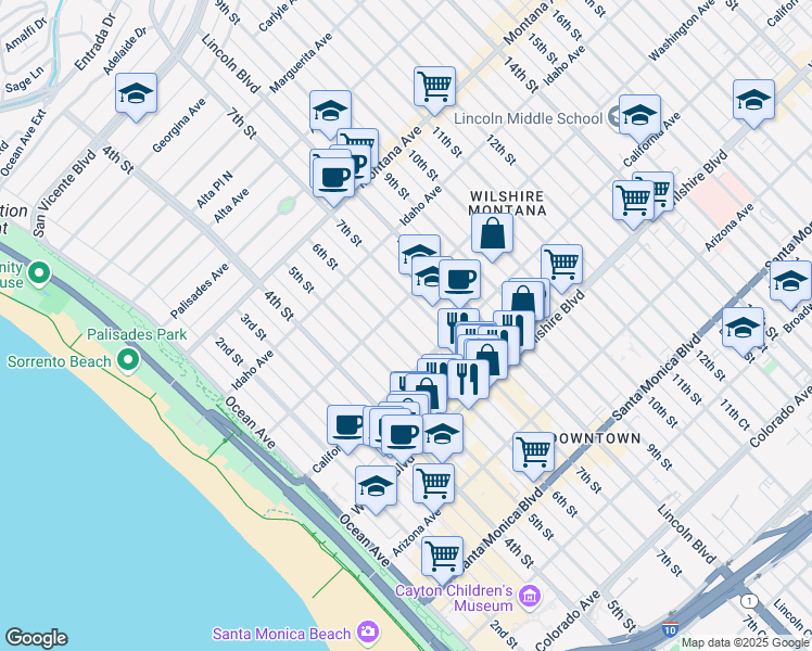 map of restaurants, bars, coffee shops, grocery stores, and more near 1019 6th Street in Santa Monica