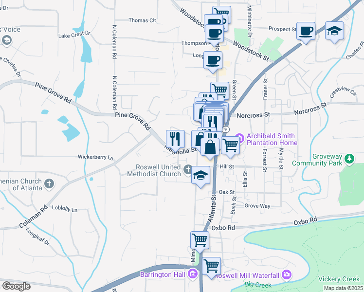 map of restaurants, bars, coffee shops, grocery stores, and more near 97 Magnolia St in Roswell