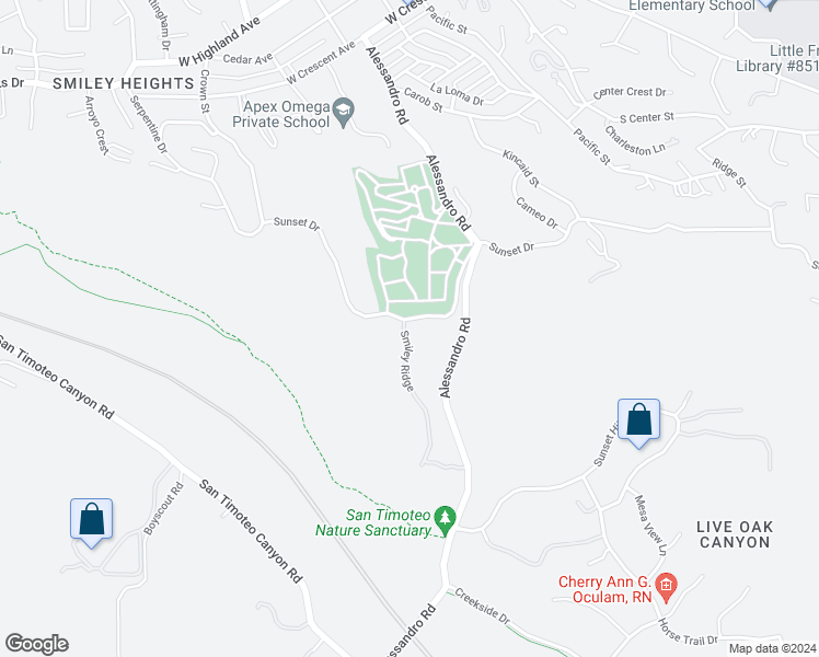 map of restaurants, bars, coffee shops, grocery stores, and more near 1607 Smiley Ridge in Redlands