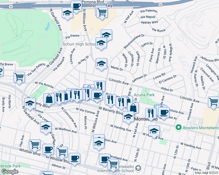 map of restaurants, bars, coffee shops, grocery stores, and more near 62 North Wilcox Avenue in Montebello