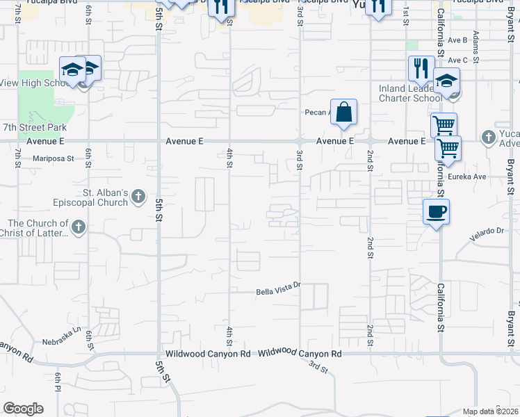 map of restaurants, bars, coffee shops, grocery stores, and more near 12710 3rd Street in Yucaipa