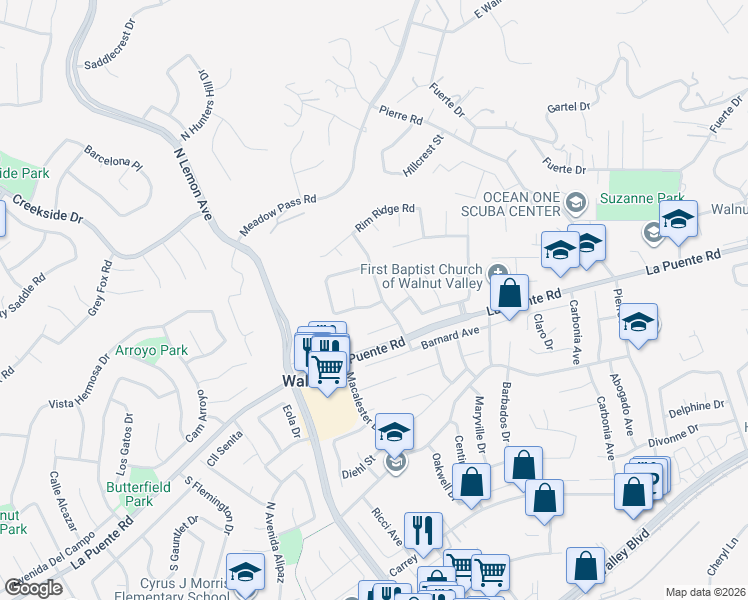 map of restaurants, bars, coffee shops, grocery stores, and more near 609 Citadel Drive in Walnut