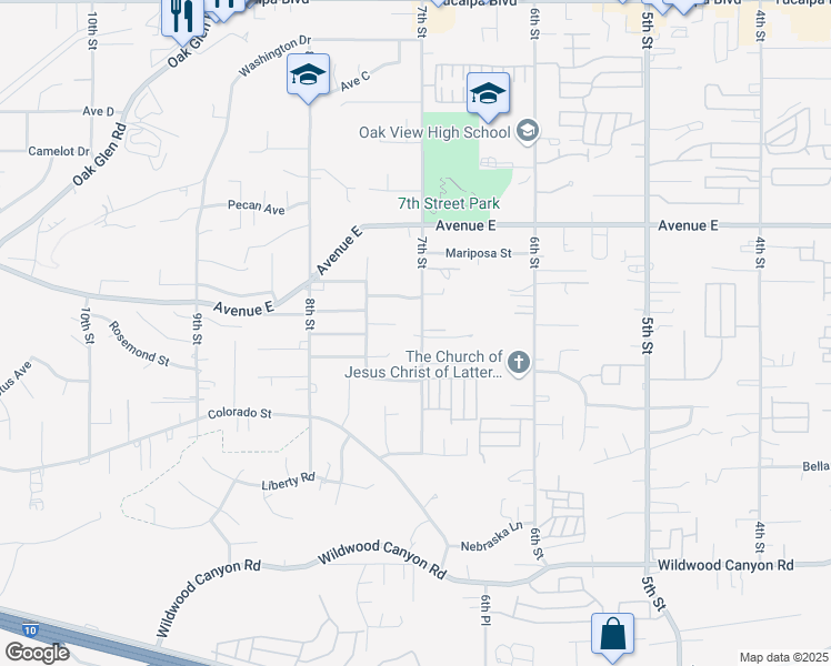 map of restaurants, bars, coffee shops, grocery stores, and more near 12690 7th Street in Yucaipa