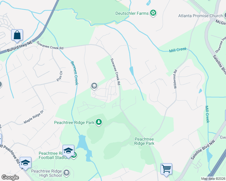 map of restaurants, bars, coffee shops, grocery stores, and more near 3233 Suwanee Creek Road in Suwanee