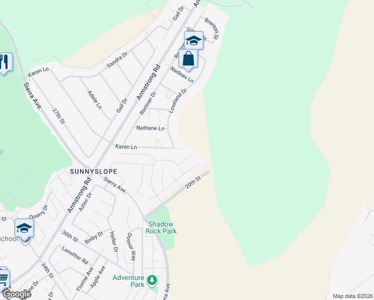 map of restaurants, bars, coffee shops, grocery stores, and more near 6572 Karen Lane in Riverside