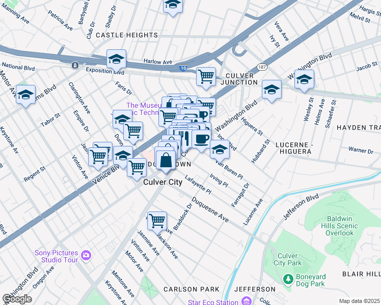map of restaurants, bars, coffee shops, grocery stores, and more near 9552 Culver Boulevard in Culver City