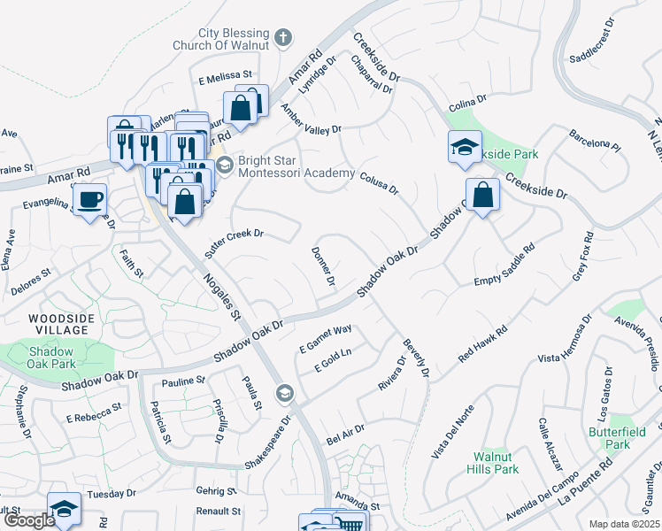 map of restaurants, bars, coffee shops, grocery stores, and more near 636 Donner Drive in Walnut