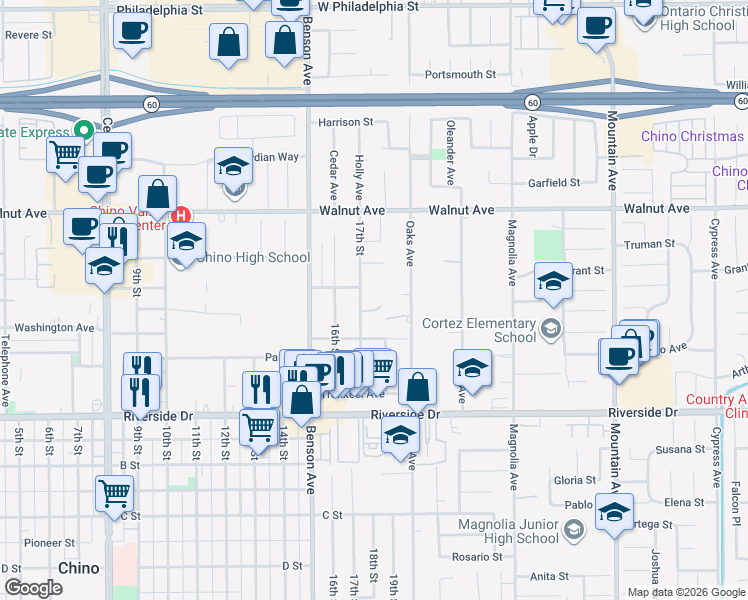 map of restaurants, bars, coffee shops, grocery stores, and more near 12685 17th Street in Chino