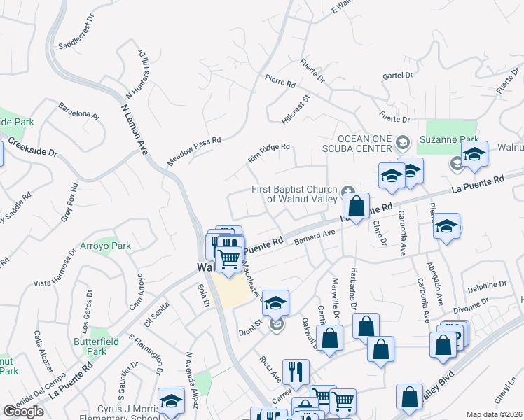 map of restaurants, bars, coffee shops, grocery stores, and more near 609 Citadel Drive in Walnut