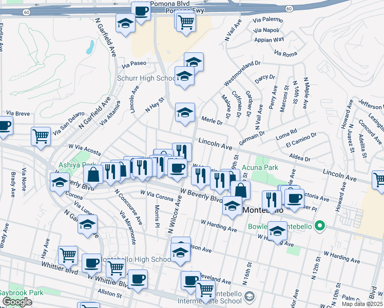map of restaurants, bars, coffee shops, grocery stores, and more near 62 North Wilcox Avenue in Montebello