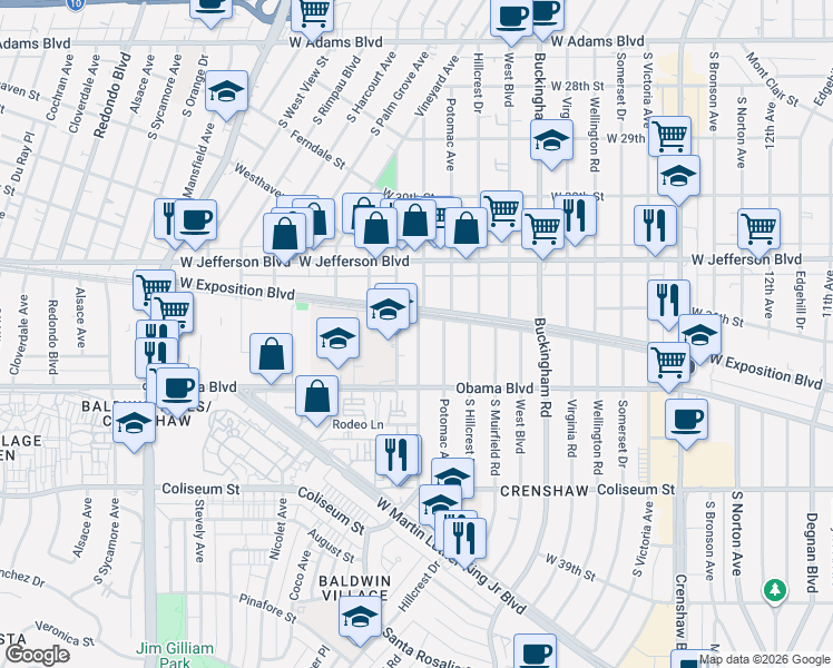 map of restaurants, bars, coffee shops, grocery stores, and more near 3527 Chesapeake Avenue in Los Angeles
