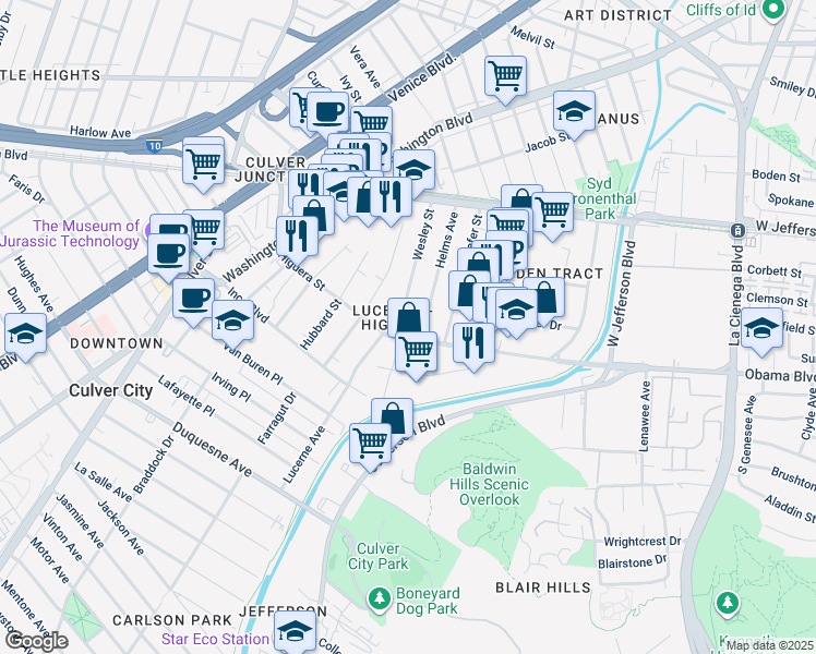 map of restaurants, bars, coffee shops, grocery stores, and more near 3648 Helms Avenue in Culver City