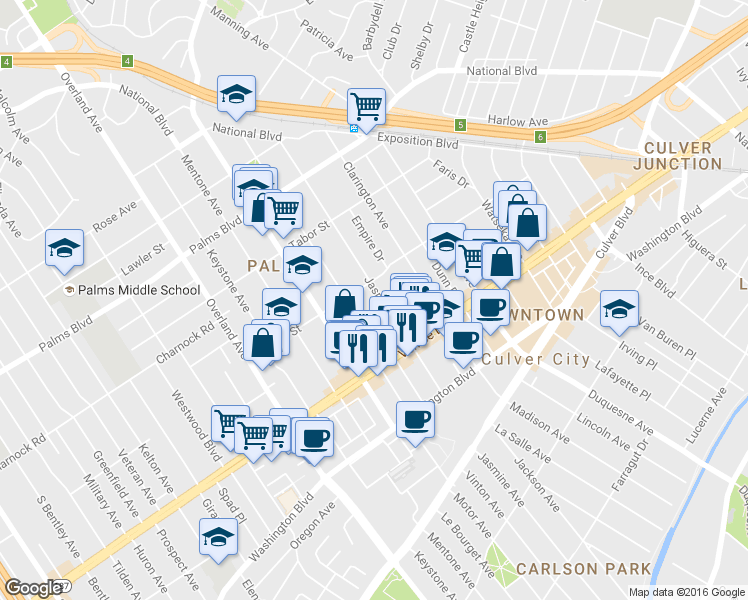 map of restaurants, bars, coffee shops, grocery stores, and more near 3718 Vinton Avenue in Los Angeles