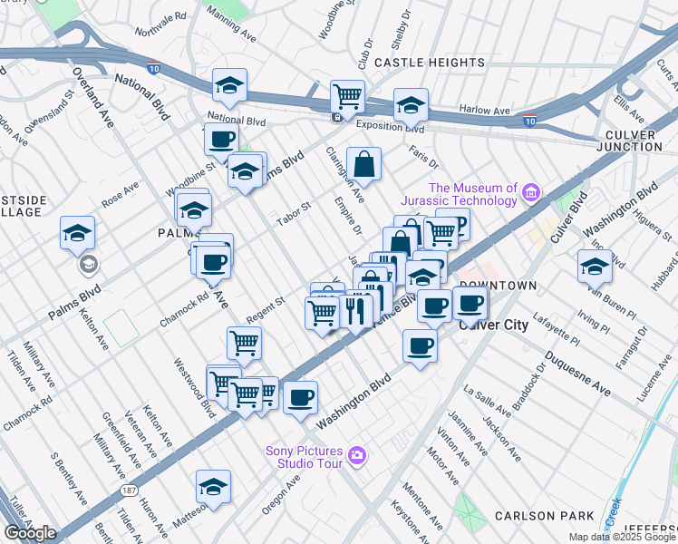 map of restaurants, bars, coffee shops, grocery stores, and more near 3718 Vinton Avenue in Los Angeles