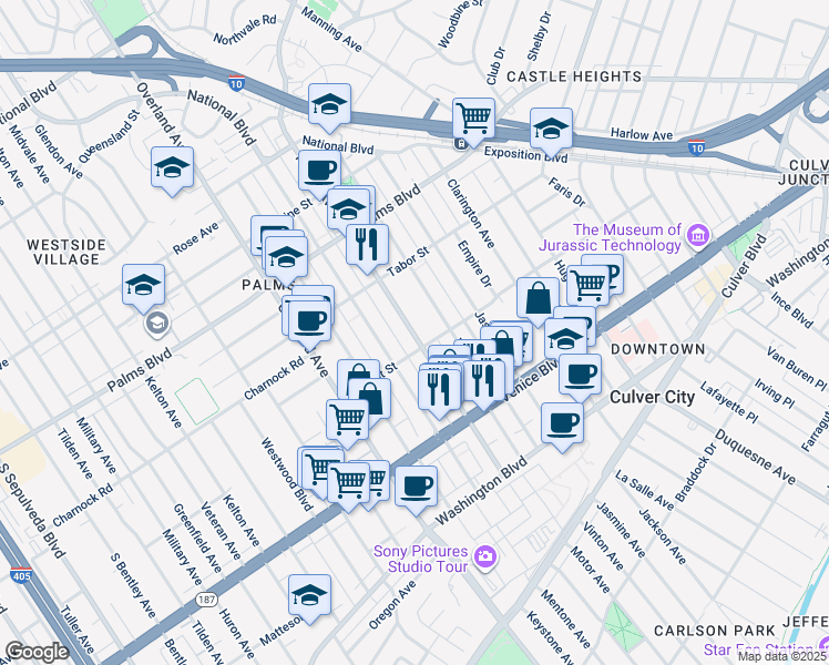 map of restaurants, bars, coffee shops, grocery stores, and more near 3690 Motor Avenue in Los Angeles