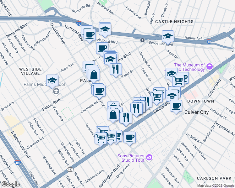 map of restaurants, bars, coffee shops, grocery stores, and more near 3662 Mentone Avenue in Los Angeles