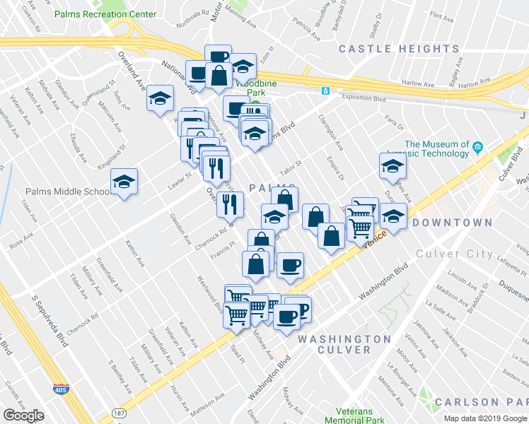 map of restaurants, bars, coffee shops, grocery stores, and more near 3636 Keystone Avenue in Los Angeles