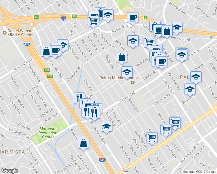 map of restaurants, bars, coffee shops, grocery stores, and more near 3421 Veteran Avenue in Los Angeles