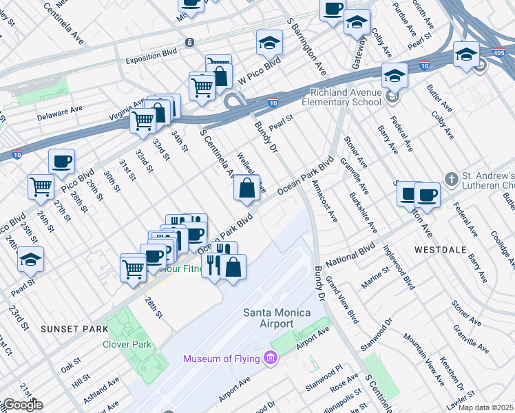 map of restaurants, bars, coffee shops, grocery stores, and more near in Santa Monica
