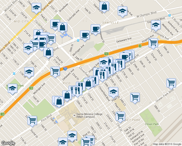 map of restaurants, bars, coffee shops, grocery stores, and more near 2009 Cloverfield Boulevard in Santa Monica