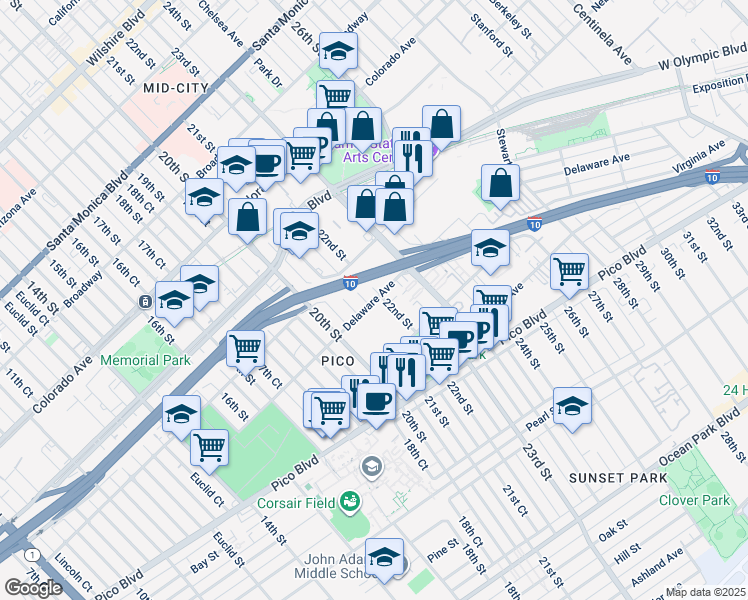 map of restaurants, bars, coffee shops, grocery stores, and more near 1916 22nd Street in Santa Monica