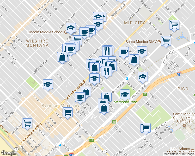 map of restaurants, bars, coffee shops, grocery stores, and more near 1438 14th Street in Santa Monica