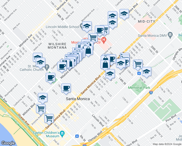 map of restaurants, bars, coffee shops, grocery stores, and more near 1315 11th Street in Santa Monica