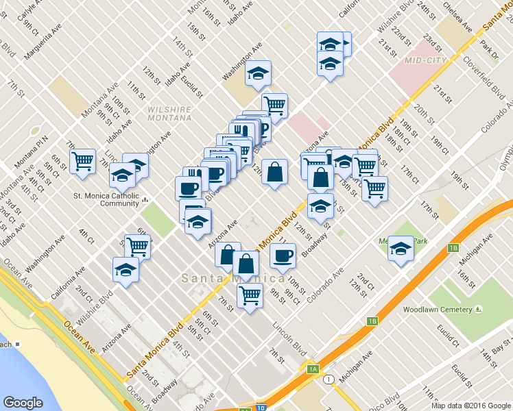 map of restaurants, bars, coffee shops, grocery stores, and more near 1315 11th Street in Santa Monica