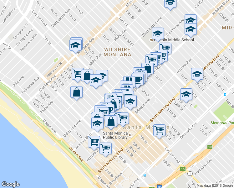 map of restaurants, bars, coffee shops, grocery stores, and more near 1123 Lincoln Boulevard in Santa Monica