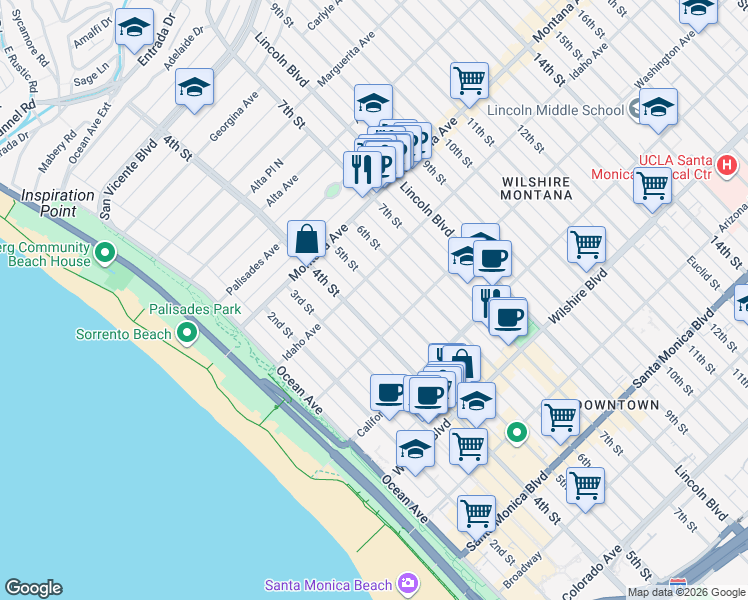 map of restaurants, bars, coffee shops, grocery stores, and more near 930 5th Street in Santa Monica