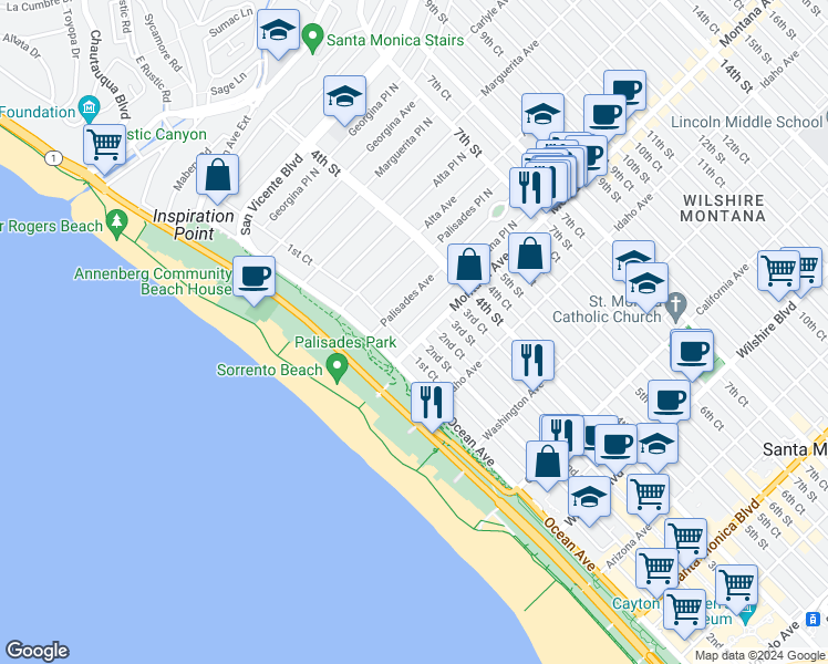 map of restaurants, bars, coffee shops, grocery stores, and more near 124 Montana Place North in Santa Monica