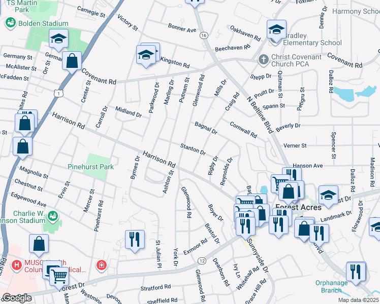map of restaurants, bars, coffee shops, grocery stores, and more near 2433 Craig Road in Columbia