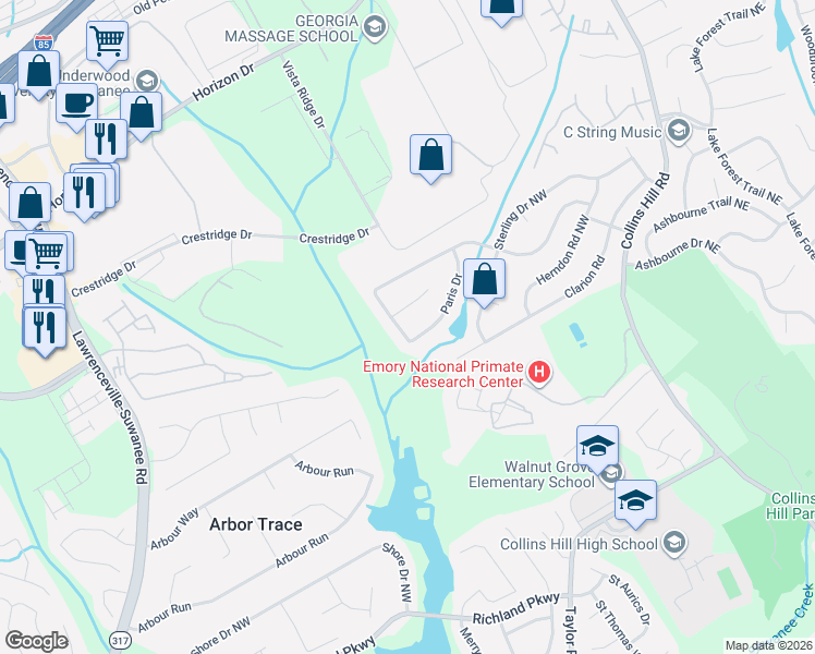 map of restaurants, bars, coffee shops, grocery stores, and more near 180 Paris Drive in Lawrenceville
