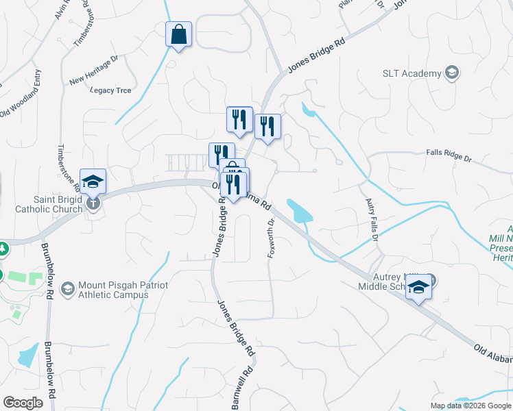 map of restaurants, bars, coffee shops, grocery stores, and more near 3719 Old Alabama Road in Johns Creek