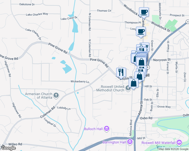 map of restaurants, bars, coffee shops, grocery stores, and more near 9950 Coleman Road in Roswell