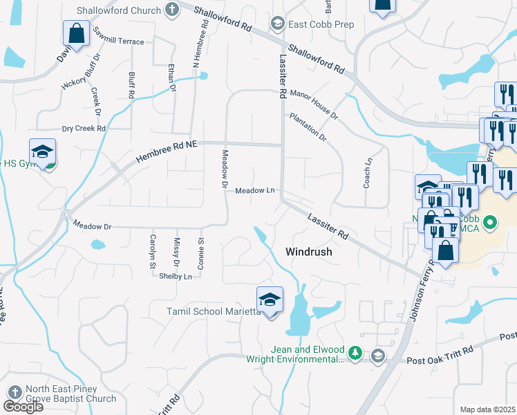map of restaurants, bars, coffee shops, grocery stores, and more near 3041 Covington Road Northeast in Marietta