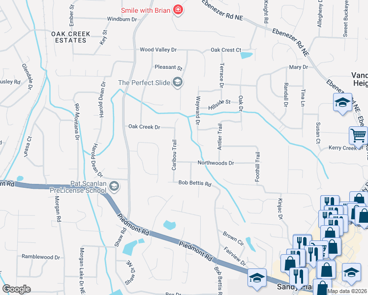 map of restaurants, bars, coffee shops, grocery stores, and more near 1620 Caribou Court in Marietta