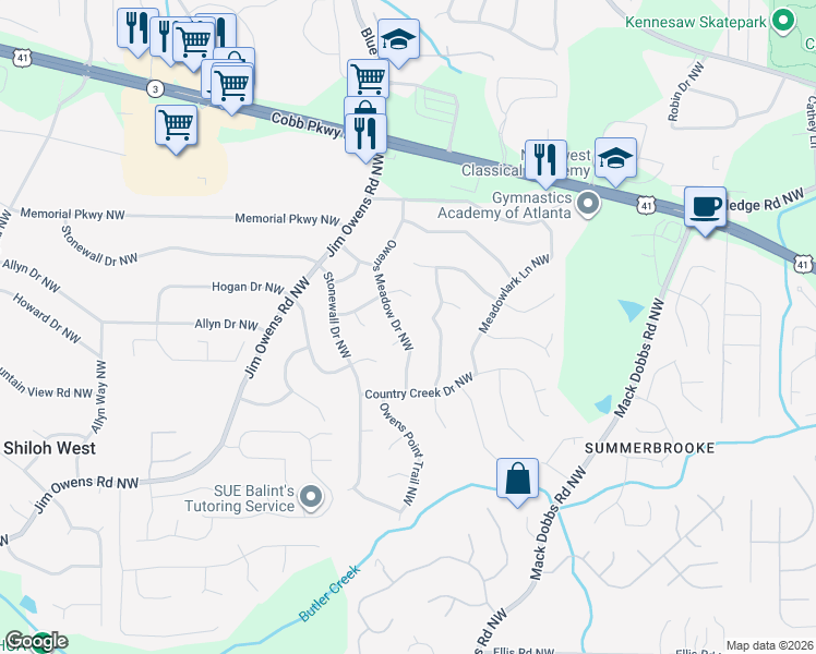 map of restaurants, bars, coffee shops, grocery stores, and more near 2970 Owens Meadow Drive Northwest in Kennesaw