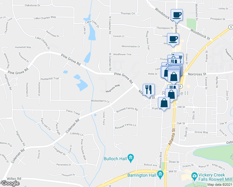 map of restaurants, bars, coffee shops, grocery stores, and more near 9950 Coleman Road in Roswell