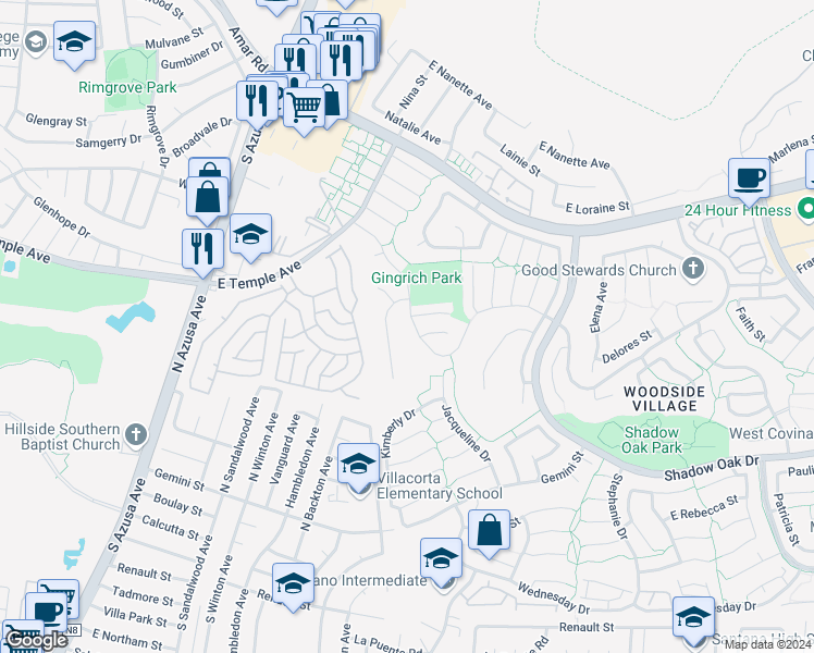 map of restaurants, bars, coffee shops, grocery stores, and more near 1852 East Woodgate Drive in West Covina