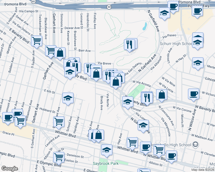 map of restaurants, bars, coffee shops, grocery stores, and more near 3019 West Beverly Boulevard in Montebello