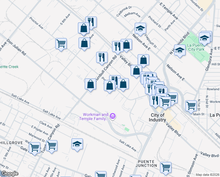 map of restaurants, bars, coffee shops, grocery stores, and more near 15268 Proctor Avenue in City of Industry
