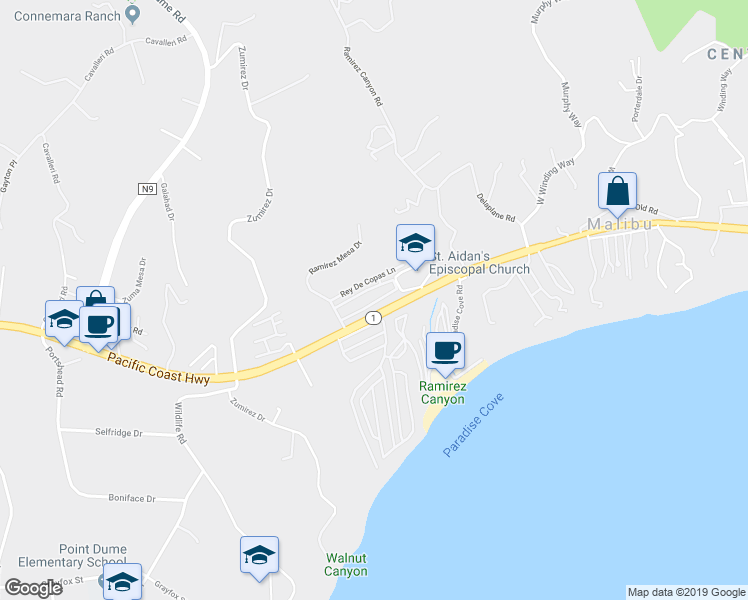 map of restaurants, bars, coffee shops, grocery stores, and more near 28358 Rey De Copas Lane in Malibu